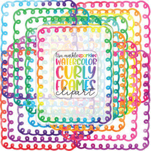 Watercolor Rainbow Curly Swirly Doodle Frame Border Clipart