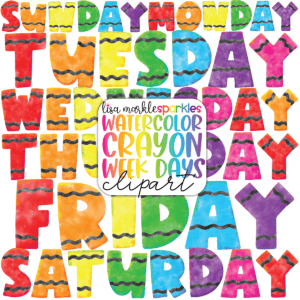 Crayon Calendar Days of the Week Clipart Watercolor