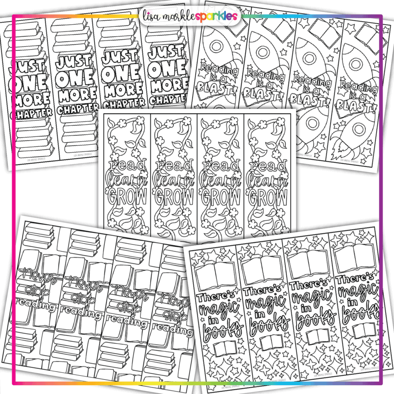 Reading Library Book Coloring Bookmarks Printable PDF