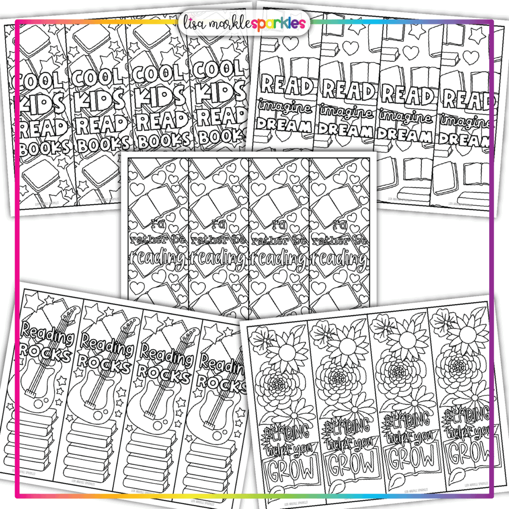 Reading Library Book Coloring Bookmarks Printable PDF